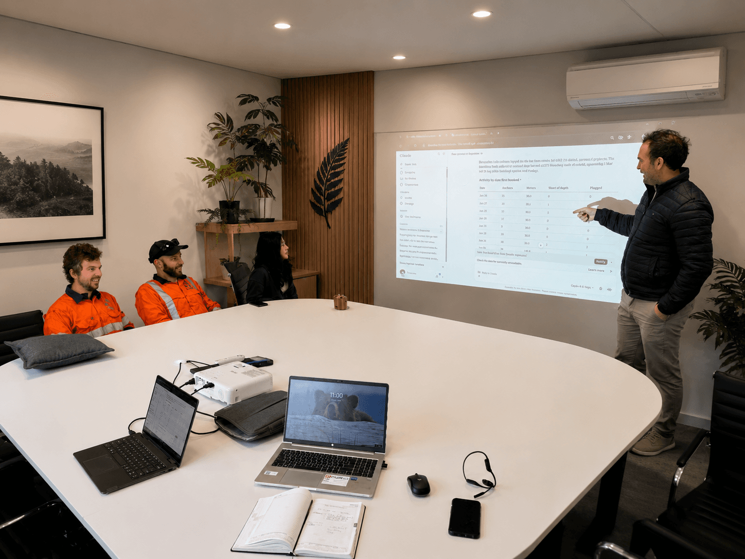 The AiTearoa team running an AI capability workshop with the Rock Control team